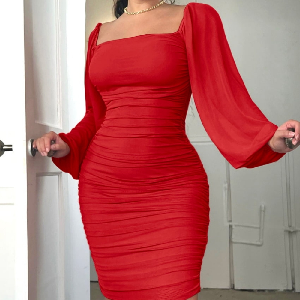 Red Zip-Back Ruched Dress - Picture 2 of 5